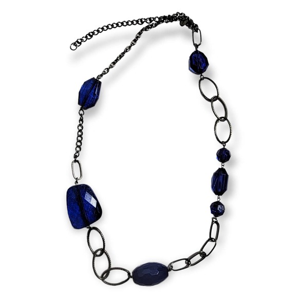 Dark Silver Long Chain Clear Royal Blue Gem-style Pieces 32" - Picture 1 of 7